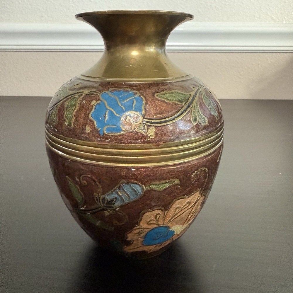 Vintage Brass Vase Floral Design Enameled Hand Painted Flowers India Bud Vase